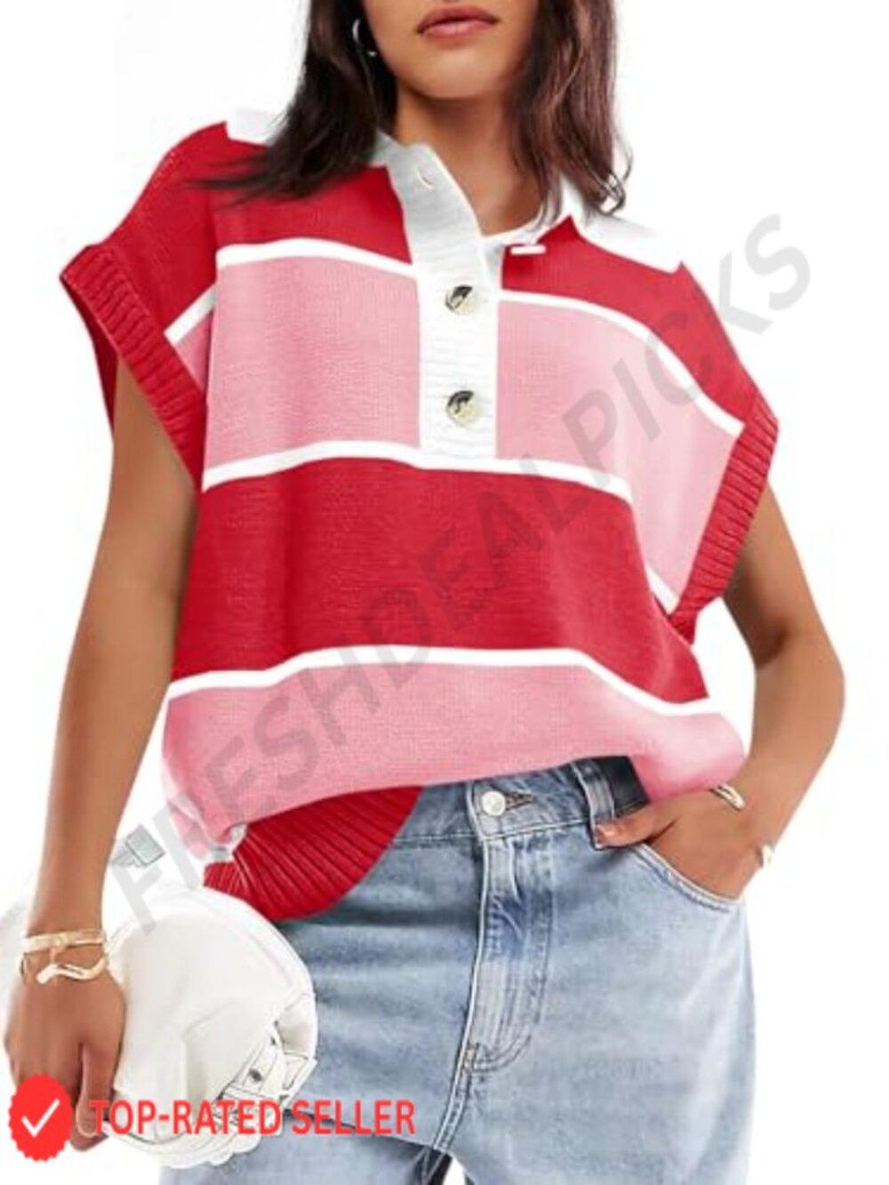 Women's V Neck Cap Sleeve Striped Knit Pullover Sweater Top